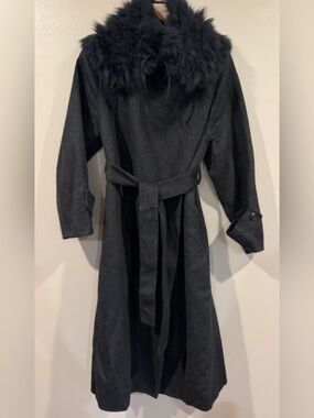 New Black Premium Australian Fine Wool Genuine Fur Collar Belted Long Coat